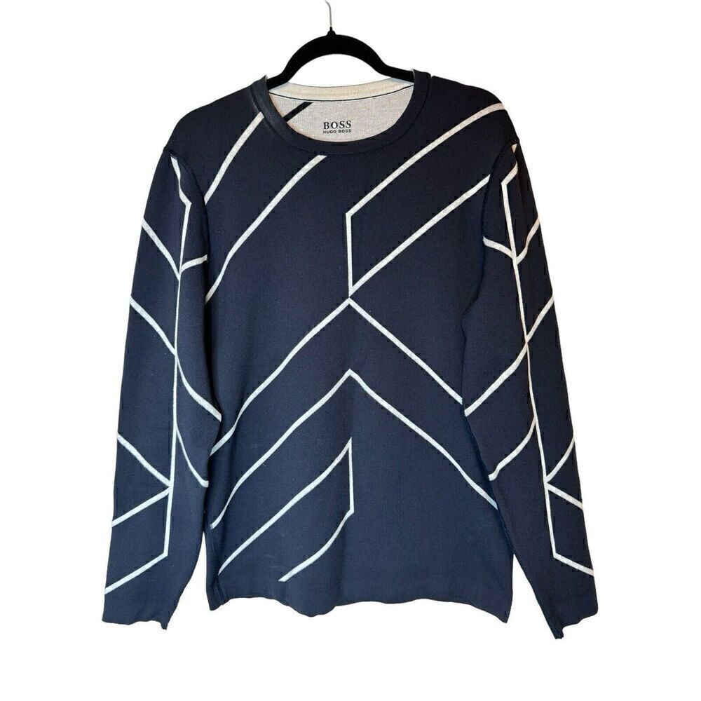 Hugo Boss Men's Black White Rone Cotton Blend Sweater Striped Logo Size M